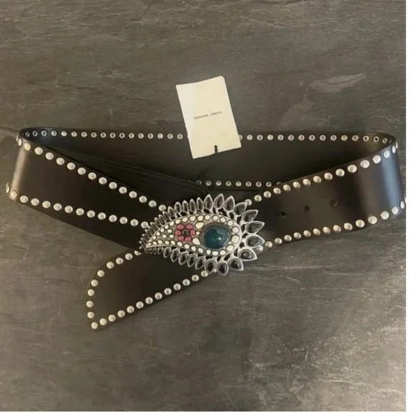 ISABEL MARANT Aliette Black Studded Leather Belt with Stone Accents NEW - 75cm - Picture 4 of 9